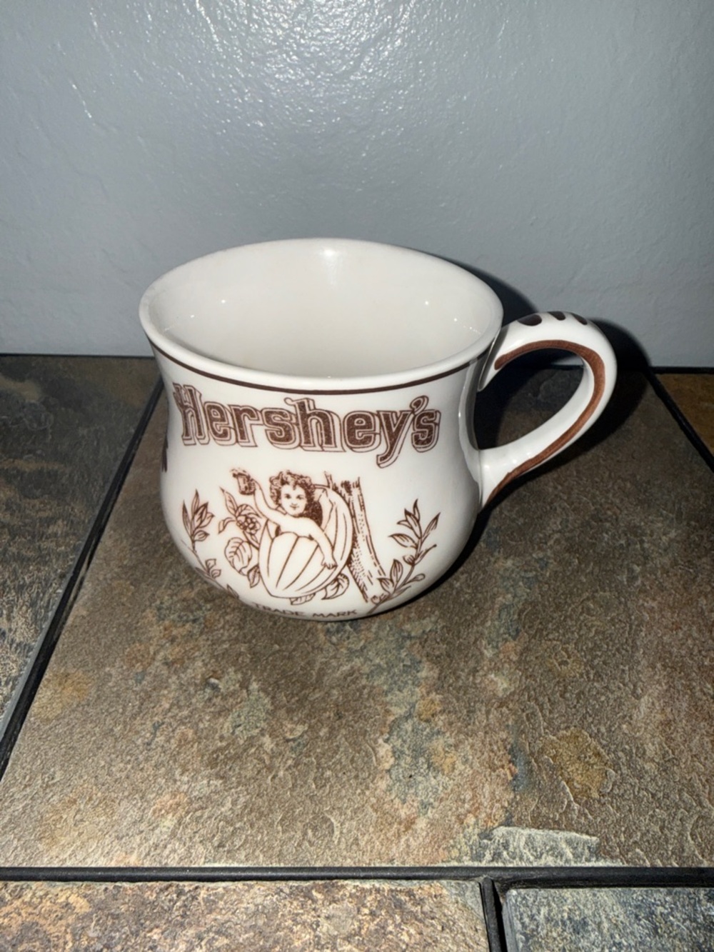 Vintage 1982 Hershey's Chocolate Mug Cherub Cocoa Pod Floral Ceramic Brown White